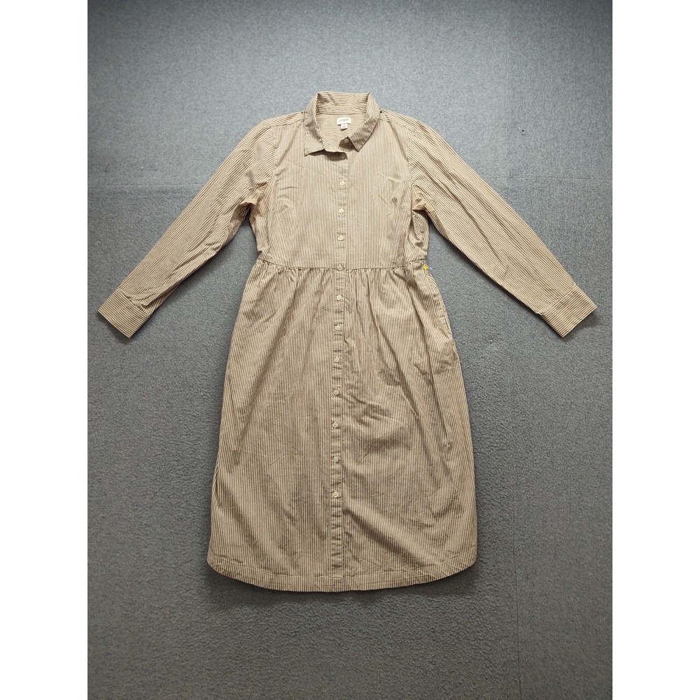 J Crew Women Shirt Dress 12 Beige White Striped Button Collar Long Sleeve Casual